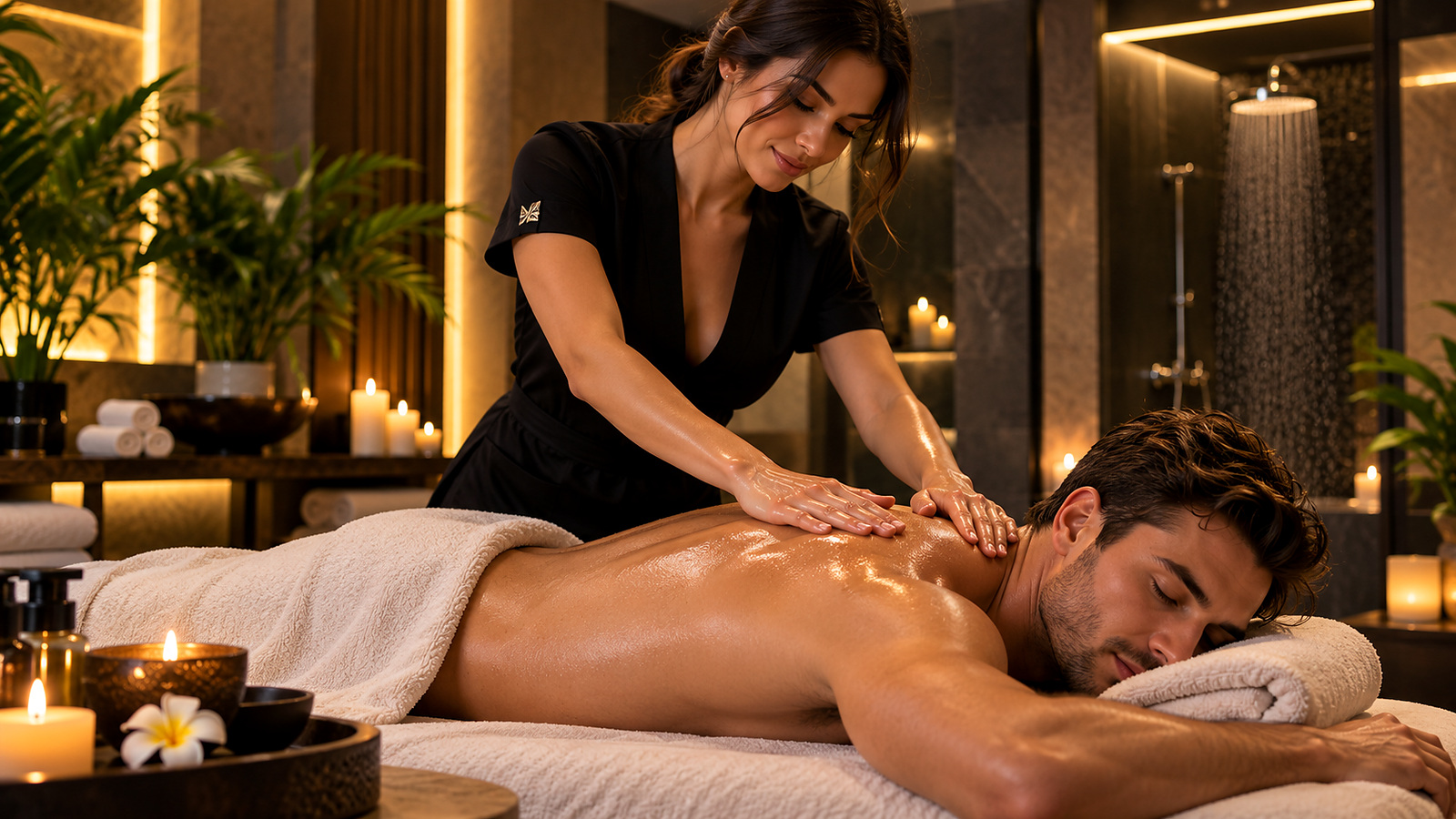 Чувственный массаж спины мужчины в премиальном SPA