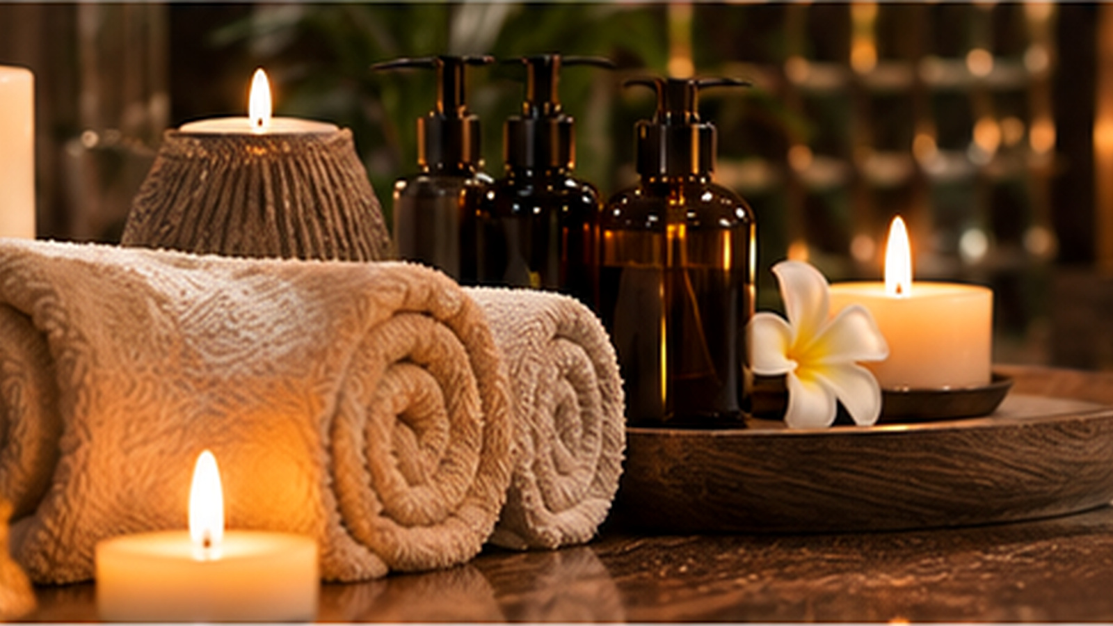 Массажные масла и SPA-аксессуары при приглушенном свете